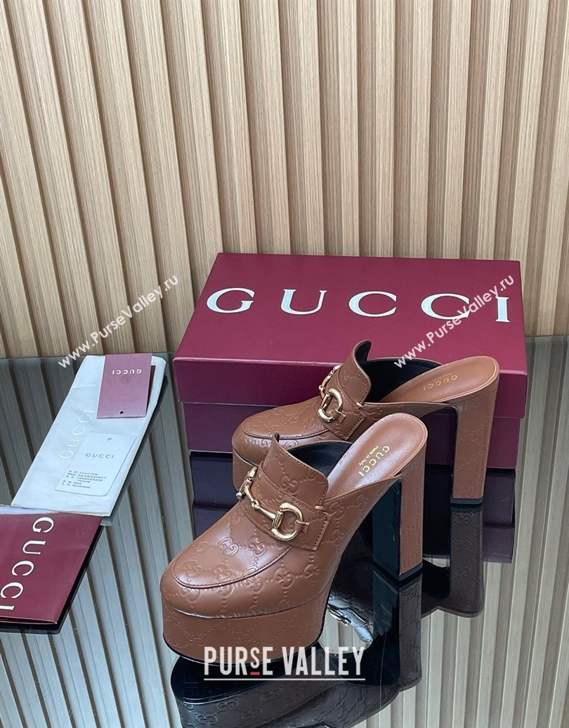 Gucci GG Leather Platform Mule 13.5cm with Horsebit 835315 Brown 2025 (MD-251021079)
