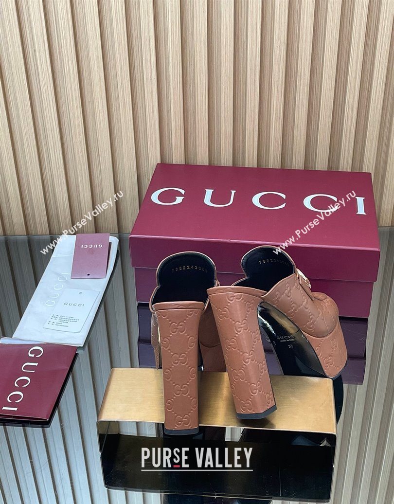 Gucci GG Leather Platform Mule 13.5cm with Horsebit 835315 Brown 2025 (MD-251021079)
