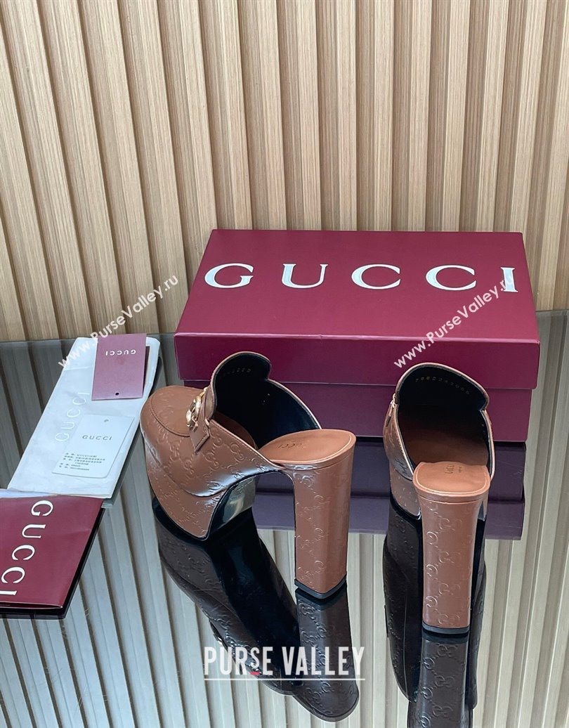 Gucci GG Leather Platform Mule 13.5cm with Horsebit 835315 Brown 2025 (MD-251021079)