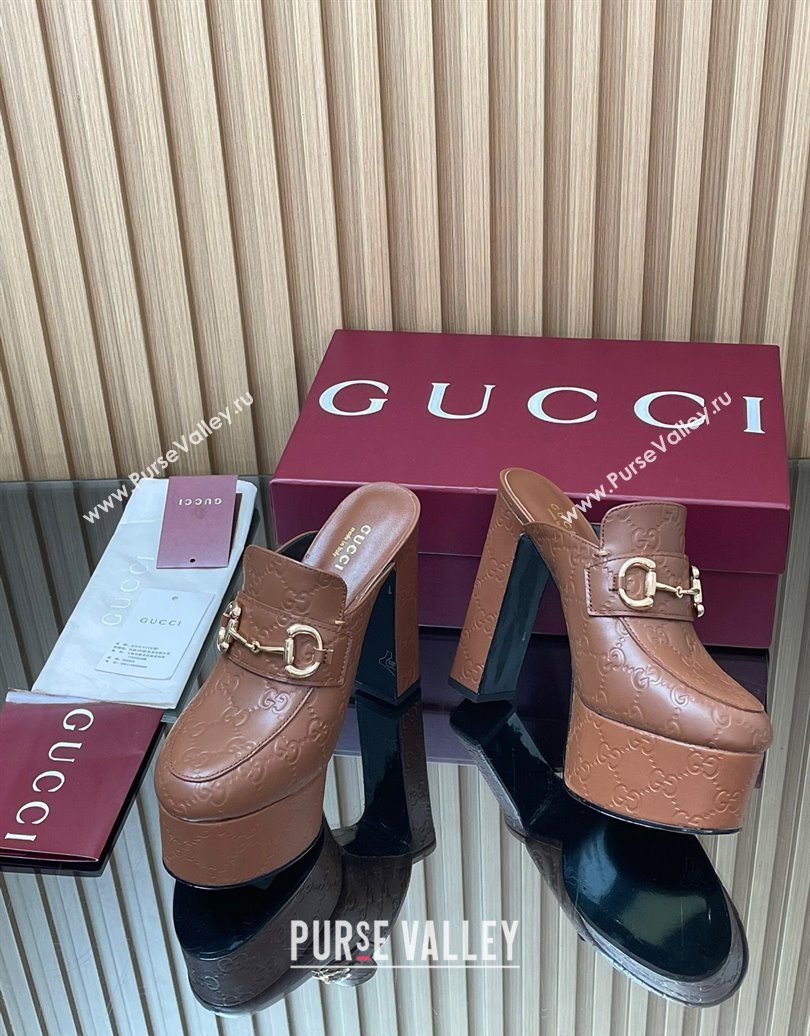 Gucci GG Leather Platform Mule 13.5cm with Horsebit 835315 Brown 2025 (MD-251021079)