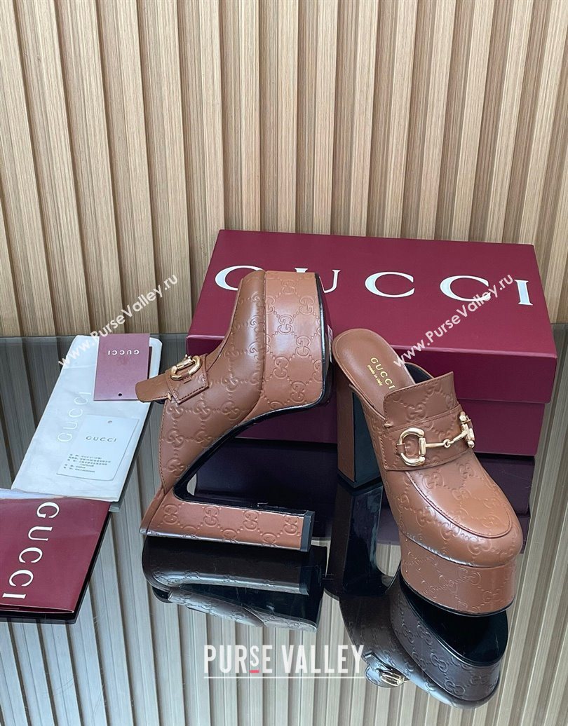 Gucci GG Leather Platform Mule 13.5cm with Horsebit 835315 Brown 2025 (MD-251021079)