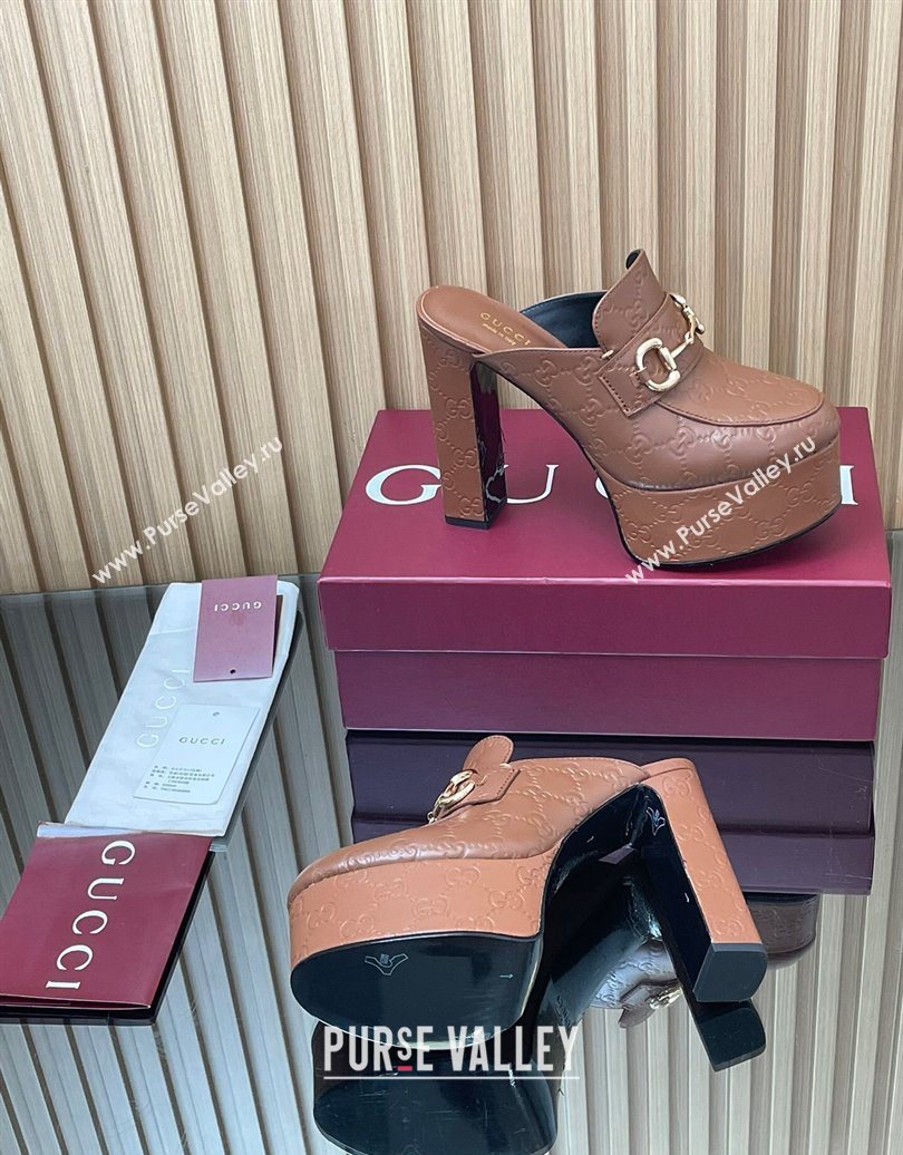 Gucci GG Leather Platform Mule 13.5cm with Horsebit 835315 Brown 2025 (MD-251021079)