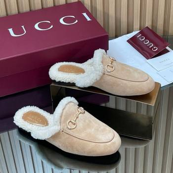 Gucci Princetown Suede and Wool Flat Slipper with Horsebit Nude 2025 836055 (MD-251020028)