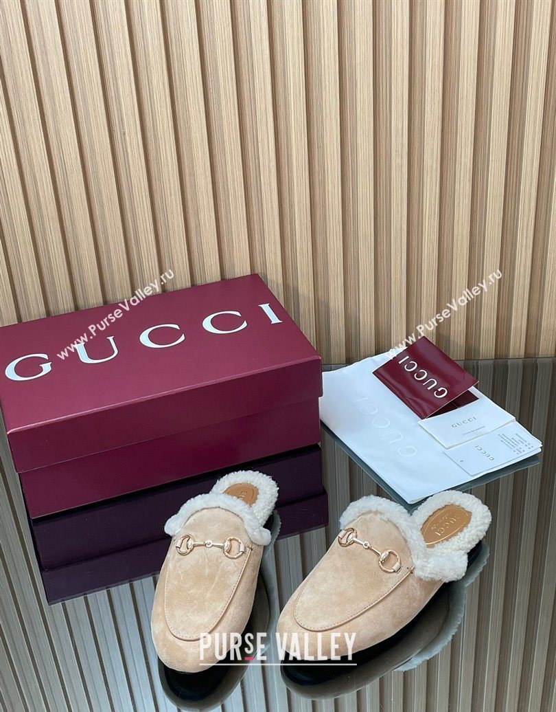 Gucci Princetown Suede and Wool Flat Slipper with Horsebit Nude 2025 836055 (MD-251020028)