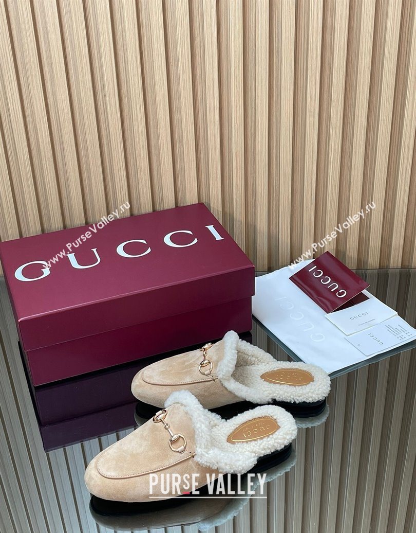 Gucci Princetown Suede and Wool Flat Slipper with Horsebit Nude 2025 836055 (MD-251020028)