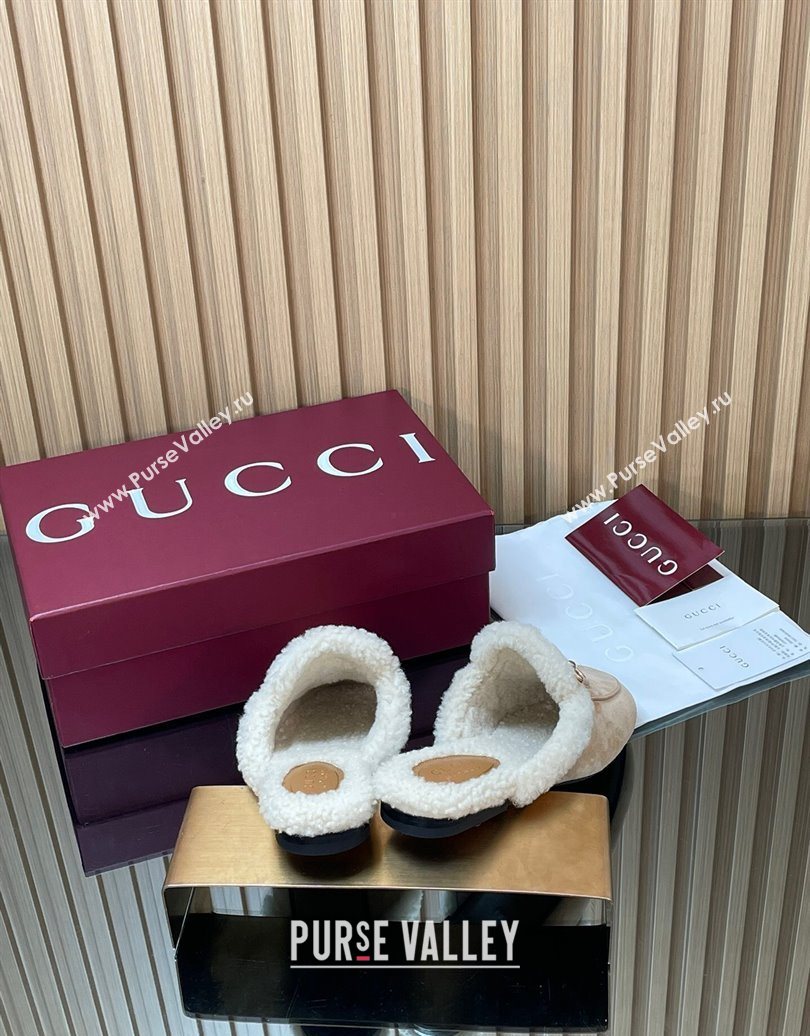 Gucci Princetown Suede and Wool Flat Slipper with Horsebit Nude 2025 836055 (MD-251020028)