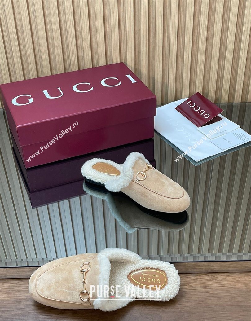 Gucci Princetown Suede and Wool Flat Slipper with Horsebit Nude 2025 836055 (MD-251020028)