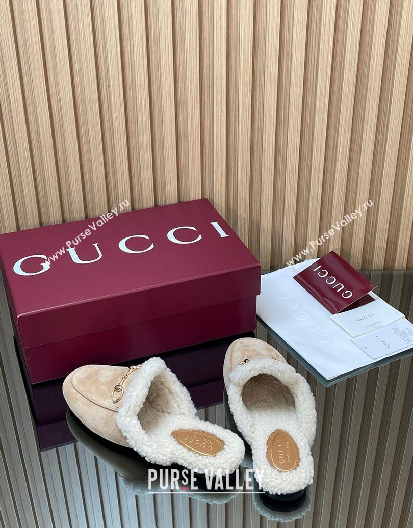 Gucci Princetown Suede and Wool Flat Slipper with Horsebit Nude 2025 836055 (MD-251020028)