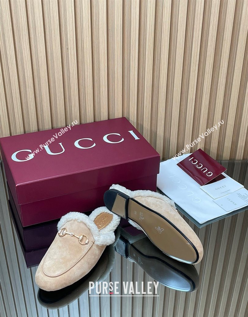 Gucci Princetown Suede and Wool Flat Slipper with Horsebit Nude 2025 836055 (MD-251020028)