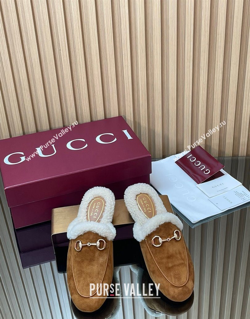 Gucci Princetown Suede and Wool Flat Slipper with Horsebit Brown 2025 836055 (MD-251020029)