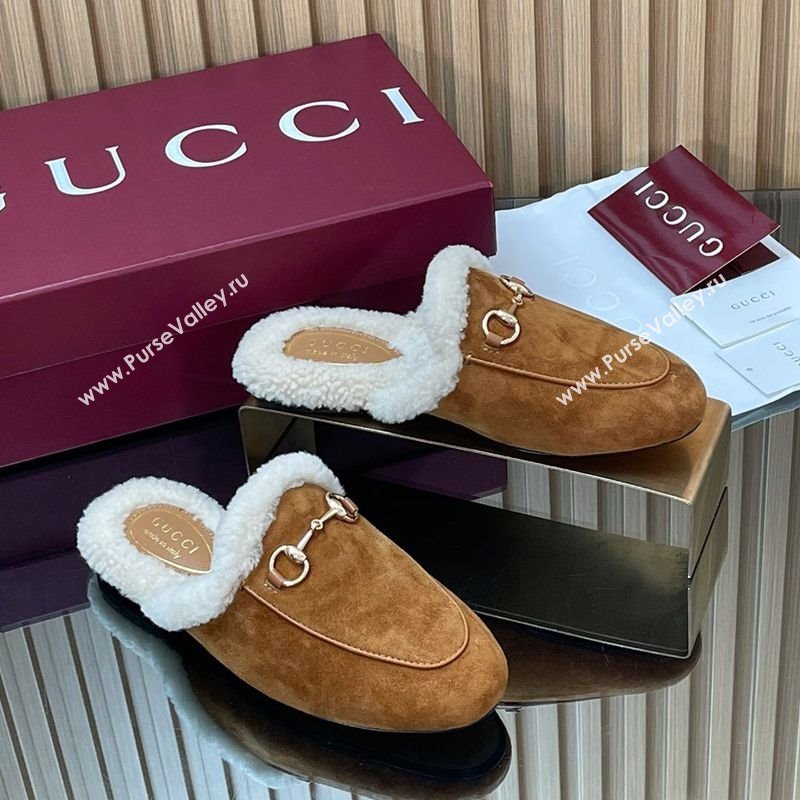 Gucci Princetown Suede and Wool Flat Slipper with Horsebit Brown 2025 836055 (MD-251020029)