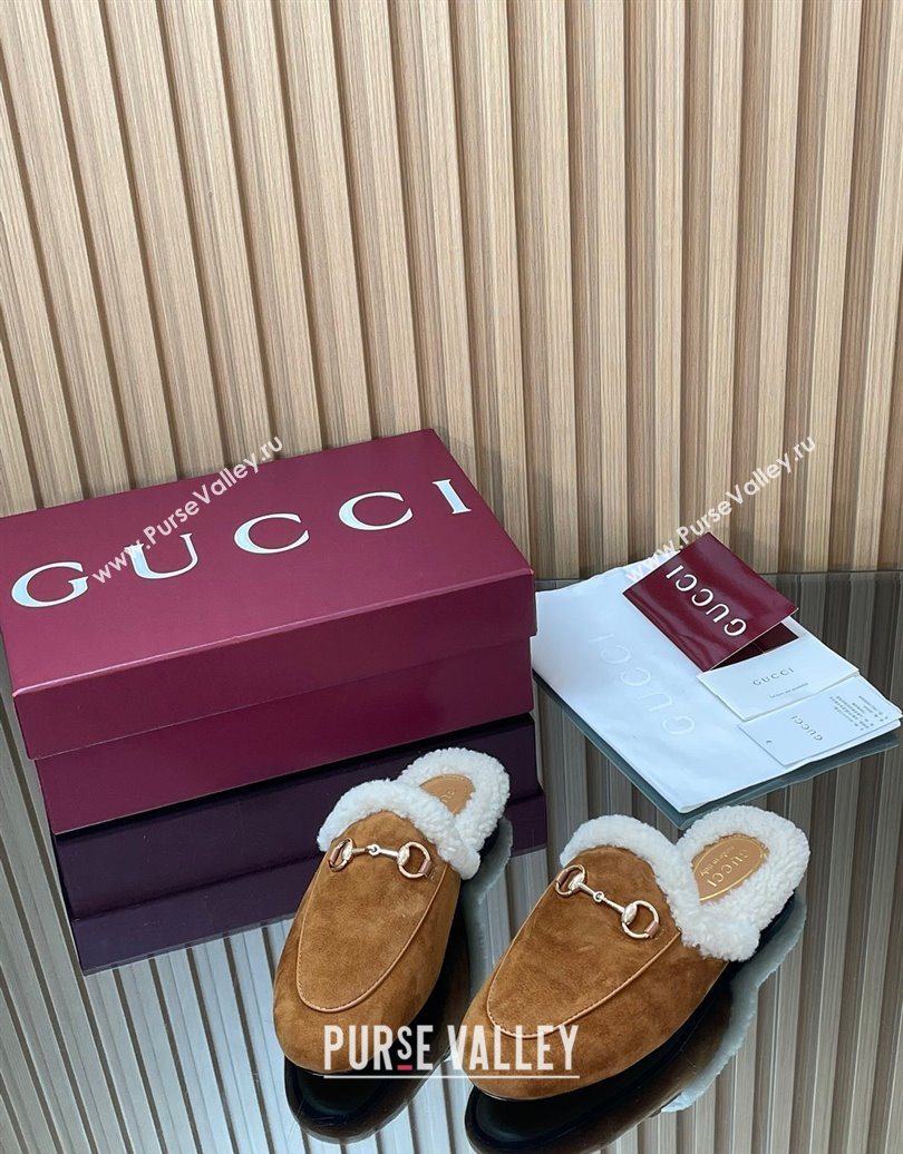 Gucci Princetown Suede and Wool Flat Slipper with Horsebit Brown 2025 836055 (MD-251020029)