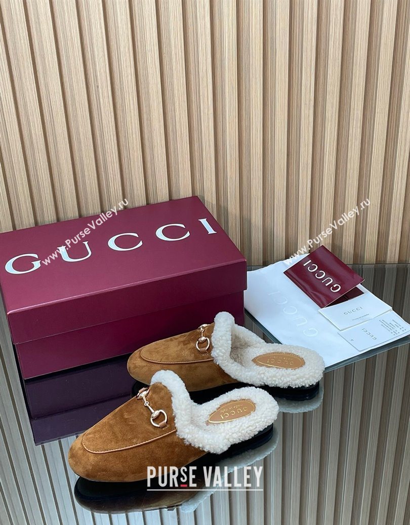 Gucci Princetown Suede and Wool Flat Slipper with Horsebit Brown 2025 836055 (MD-251020029)