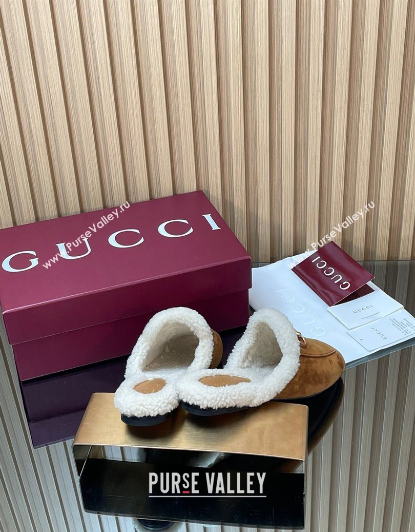 Gucci Princetown Suede and Wool Flat Slipper with Horsebit Brown 2025 836055 (MD-251020029)