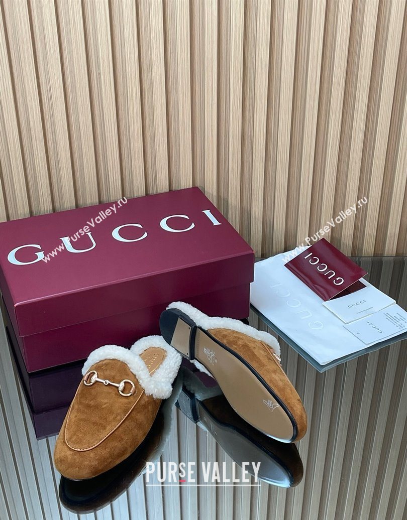 Gucci Princetown Suede and Wool Flat Slipper with Horsebit Brown 2025 836055 (MD-251020029)