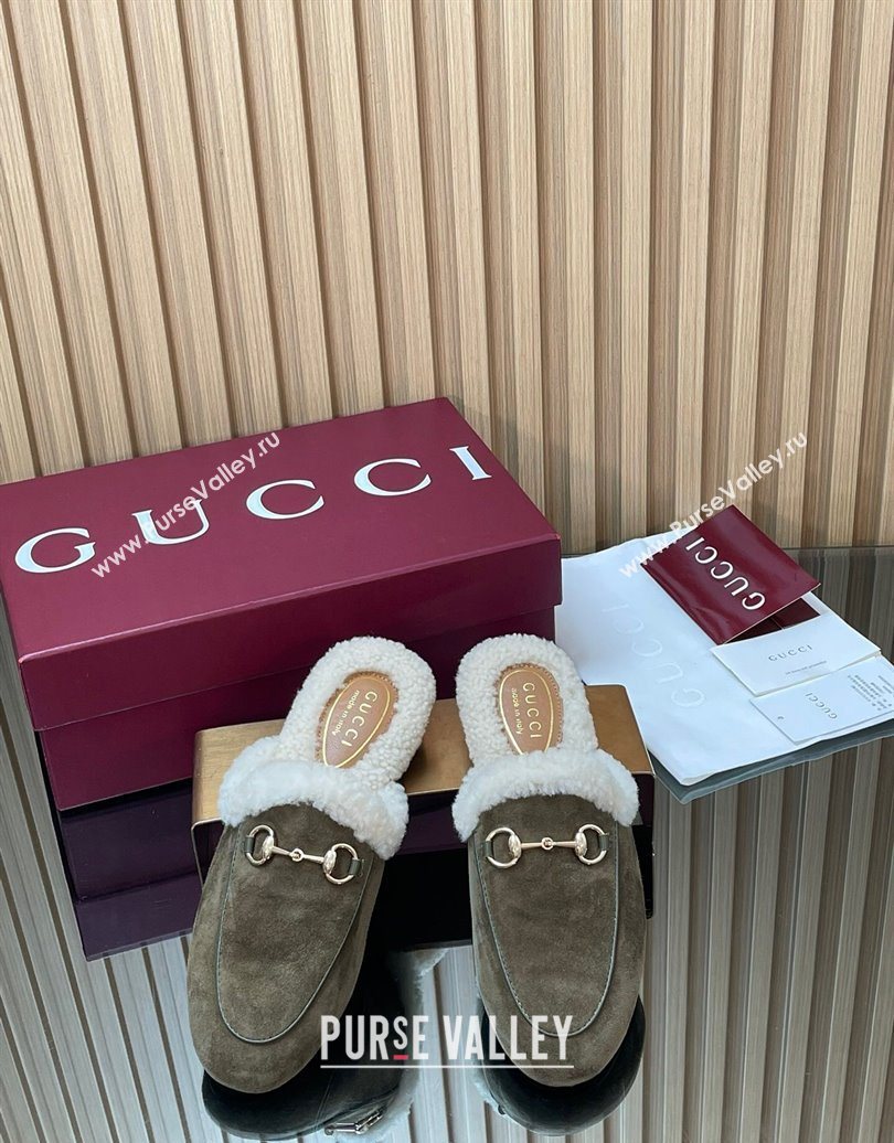 Gucci Princetown Suede and Wool Flat Slipper with Horsebit Dark Green 2025 836055 (MD-251020030)