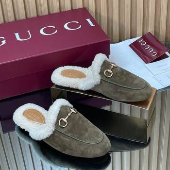 Gucci Princetown Suede and Wool Flat Slipper with Horsebit Dark Green 2025 836055 (MD-251020030)