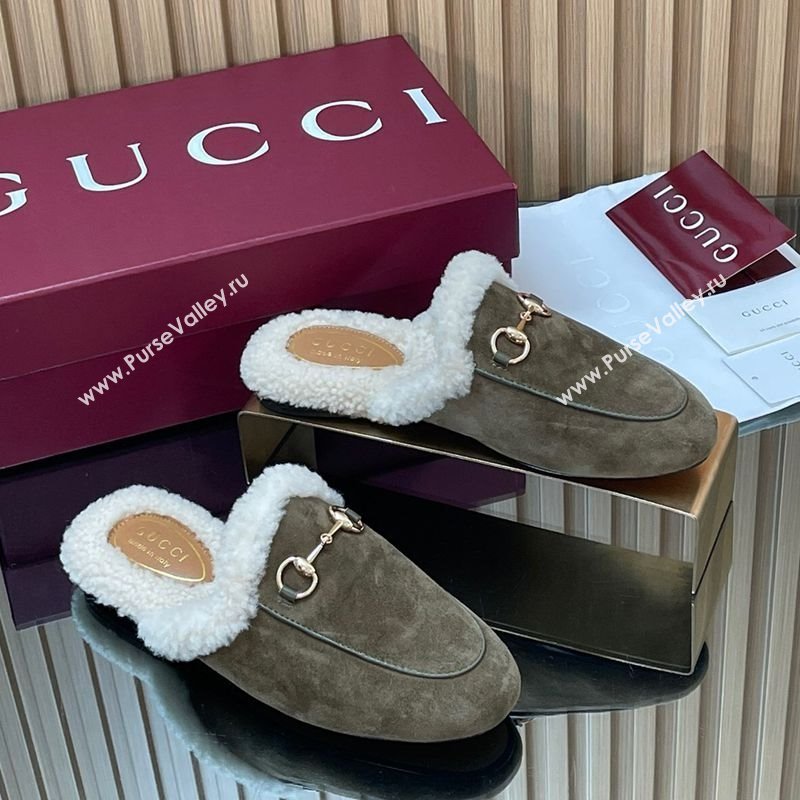 Gucci Princetown Suede and Wool Flat Slipper with Horsebit Dark Green 2025 836055 (MD-251020030)