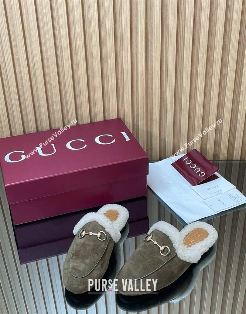 Gucci Princetown Suede and Wool Flat Slipper with Horsebit Dark Green 2025 836055 (MD-251020030)