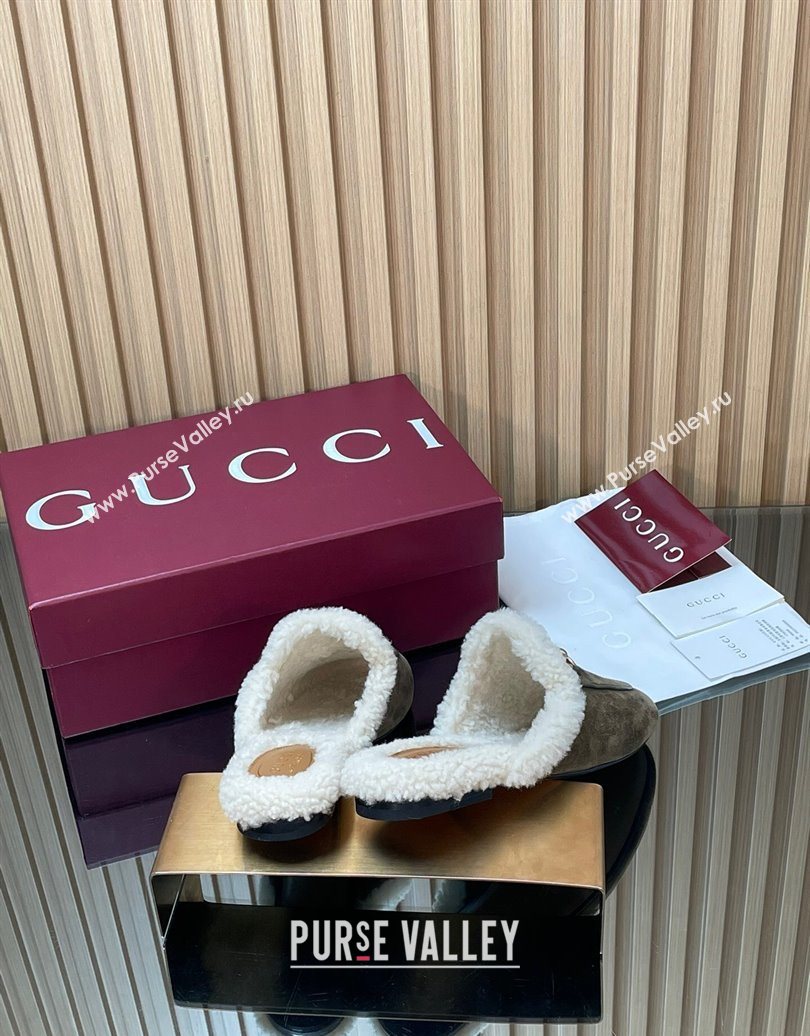 Gucci Princetown Suede and Wool Flat Slipper with Horsebit Dark Green 2025 836055 (MD-251020030)