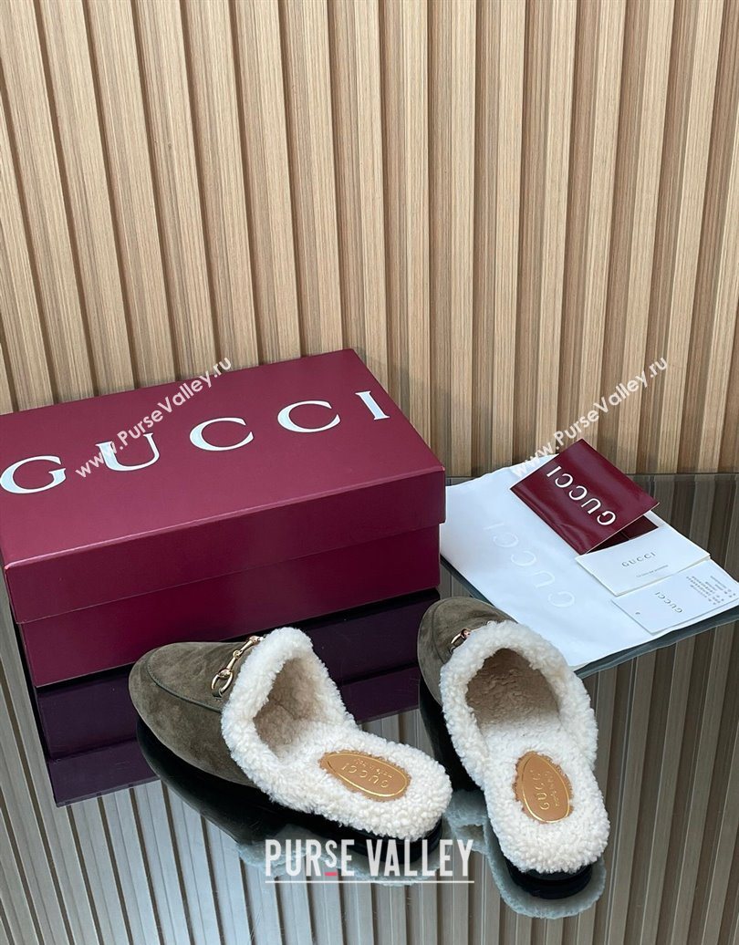 Gucci Princetown Suede and Wool Flat Slipper with Horsebit Dark Green 2025 836055 (MD-251020030)
