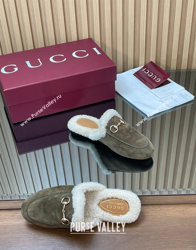 Gucci Princetown Suede and Wool Flat Slipper with Horsebit Dark Green 2025 836055 (MD-251020030)