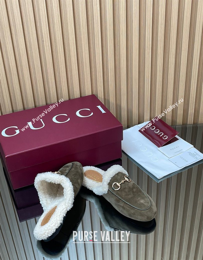 Gucci Princetown Suede and Wool Flat Slipper with Horsebit Dark Green 2025 836055 (MD-251020030)
