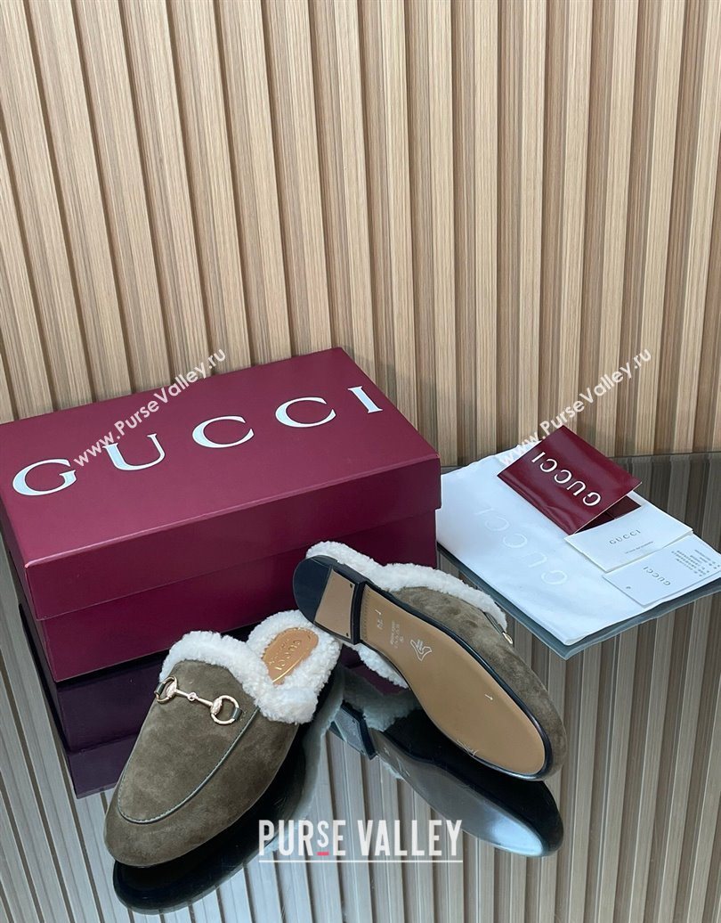 Gucci Princetown Suede and Wool Flat Slipper with Horsebit Dark Green 2025 836055 (MD-251020030)