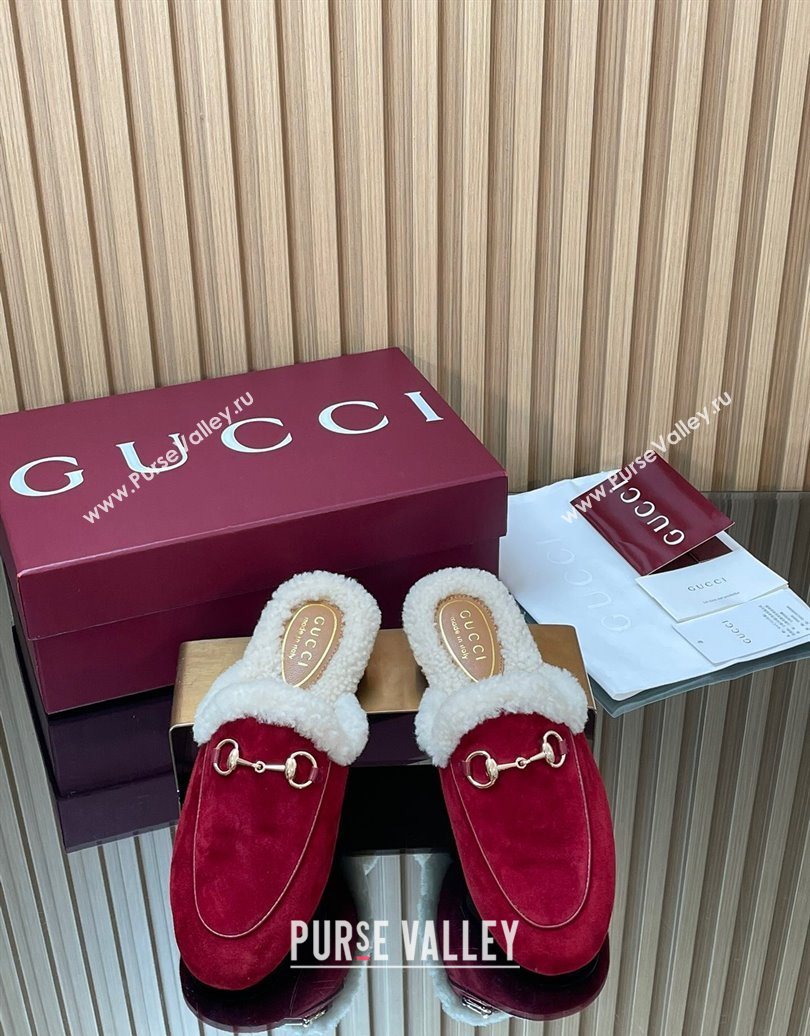 Gucci Princetown Suede and Wool Flat Slipper with Horsebit Red 2025 836055 (MD-251020031)
