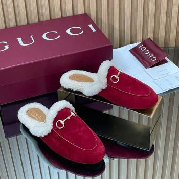 Gucci Princetown Suede and Wool Flat Slipper with Horsebit Red 2025 836055 (MD-251020031)