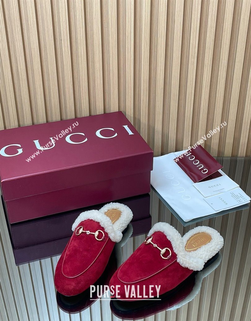 Gucci Princetown Suede and Wool Flat Slipper with Horsebit Red 2025 836055 (MD-251020031)