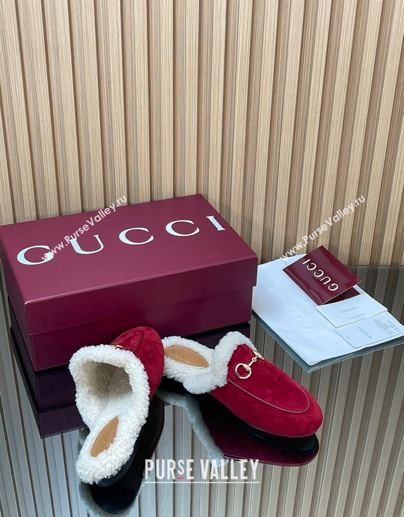 Gucci Princetown Suede and Wool Flat Slipper with Horsebit Red 2025 836055 (MD-251020031)