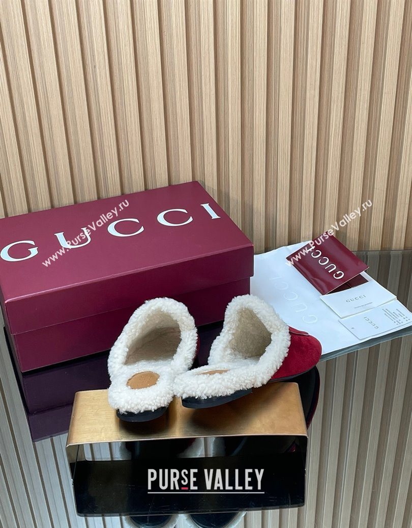 Gucci Princetown Suede and Wool Flat Slipper with Horsebit Red 2025 836055 (MD-251020031)