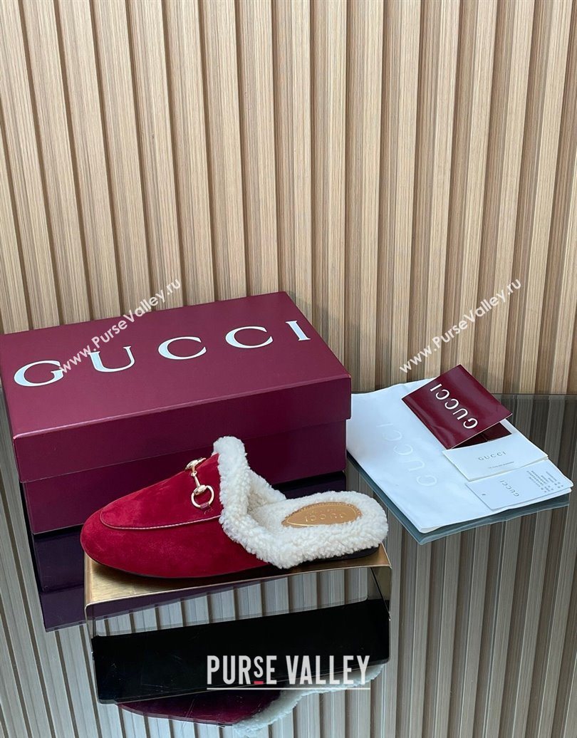 Gucci Princetown Suede and Wool Flat Slipper with Horsebit Red 2025 836055 (MD-251020031)