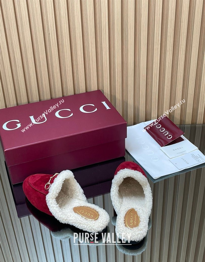 Gucci Princetown Suede and Wool Flat Slipper with Horsebit Red 2025 836055 (MD-251020031)