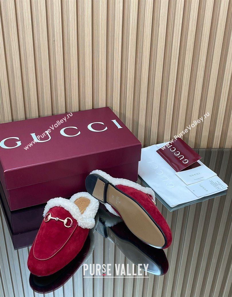 Gucci Princetown Suede and Wool Flat Slipper with Horsebit Red 2025 836055 (MD-251020031)