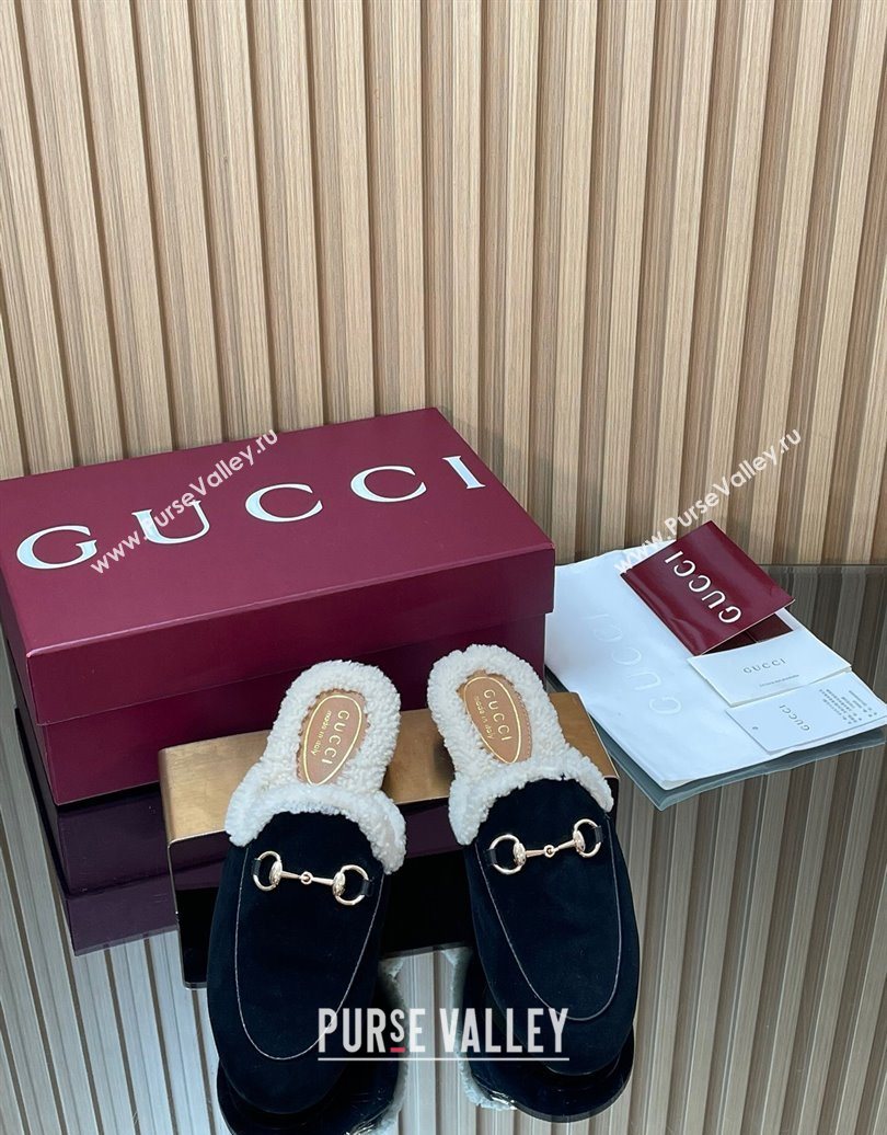 Gucci Princetown Suede and Wool Flat Slipper with Horsebit Black 2025 836055 (MD-251020032)