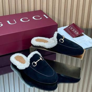 Gucci Princetown Suede and Wool Flat Slipper with Horsebit Black 2025 836055 (MD-251020032)