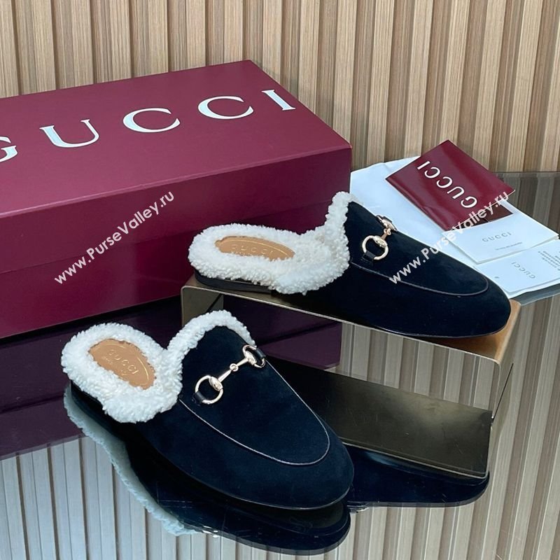 Gucci Princetown Suede and Wool Flat Slipper with Horsebit Black 2025 836055 (MD-251020032)