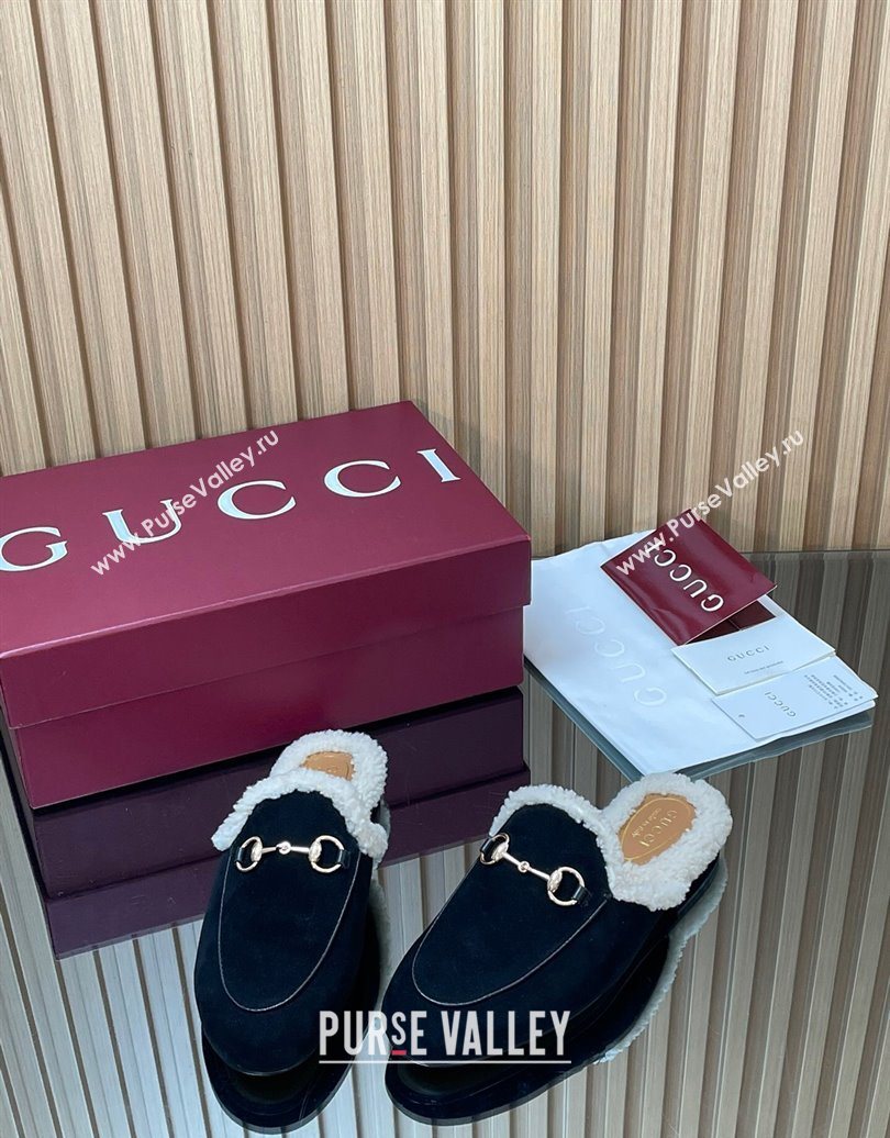 Gucci Princetown Suede and Wool Flat Slipper with Horsebit Black 2025 836055 (MD-251020032)