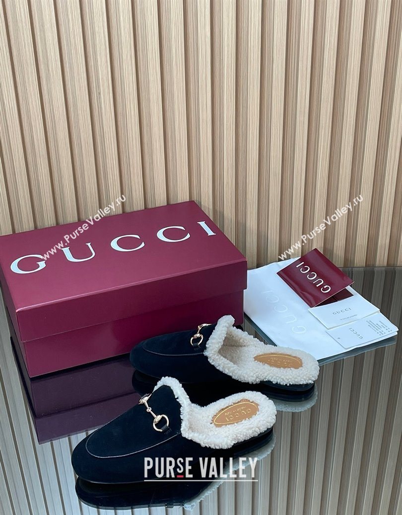 Gucci Princetown Suede and Wool Flat Slipper with Horsebit Black 2025 836055 (MD-251020032)