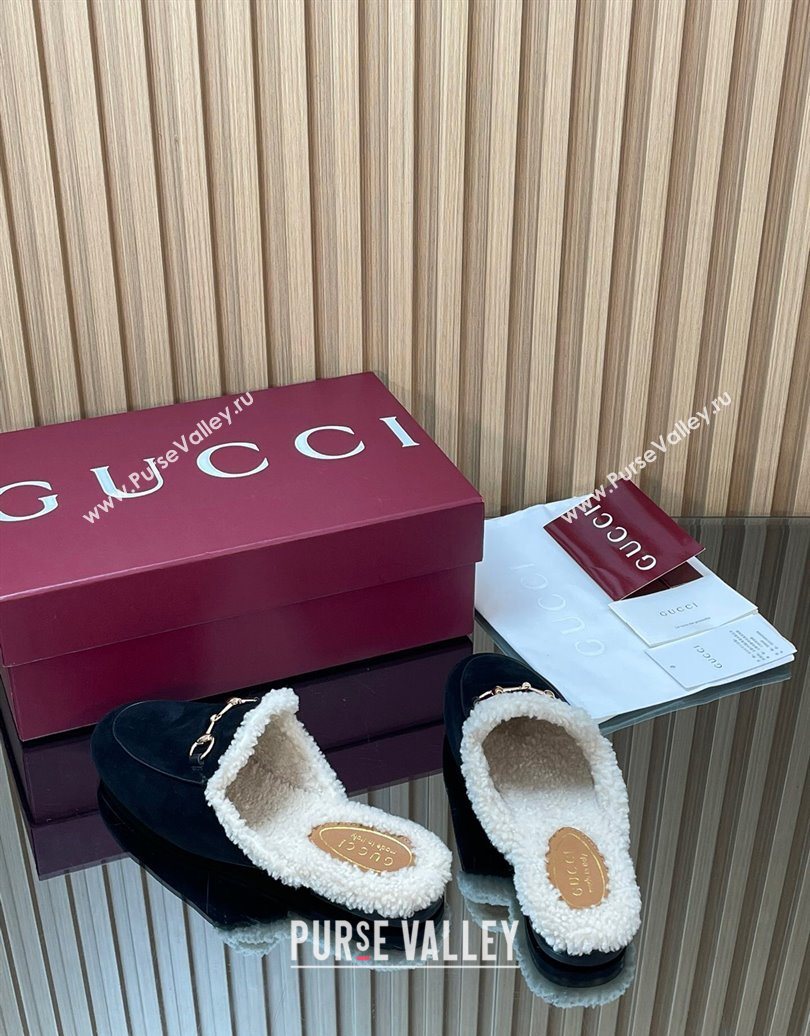 Gucci Princetown Suede and Wool Flat Slipper with Horsebit Black 2025 836055 (MD-251020032)