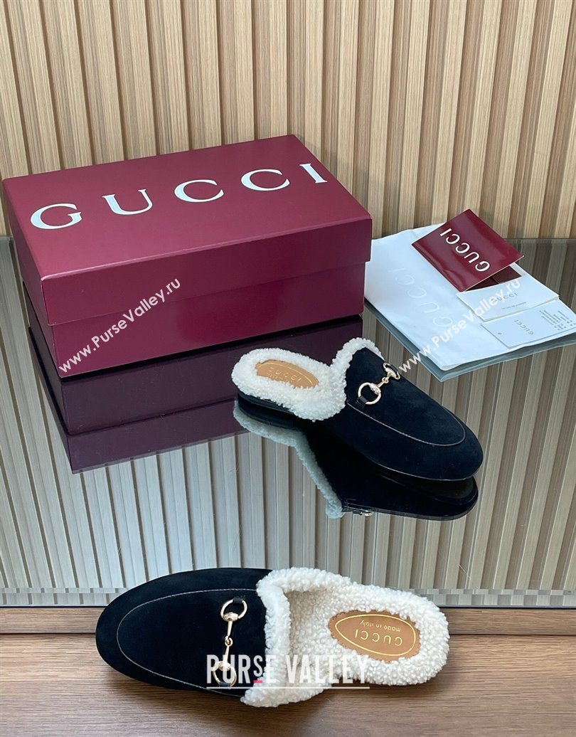 Gucci Princetown Suede and Wool Flat Slipper with Horsebit Black 2025 836055 (MD-251020032)