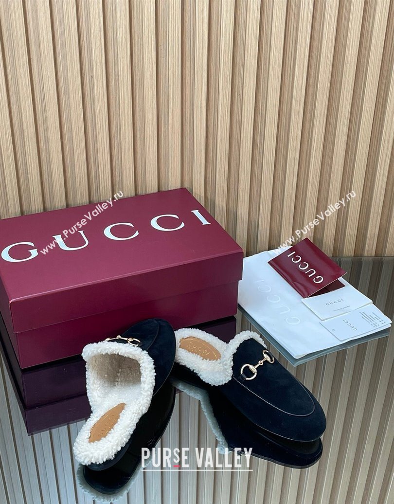 Gucci Princetown Suede and Wool Flat Slipper with Horsebit Black 2025 836055 (MD-251020032)