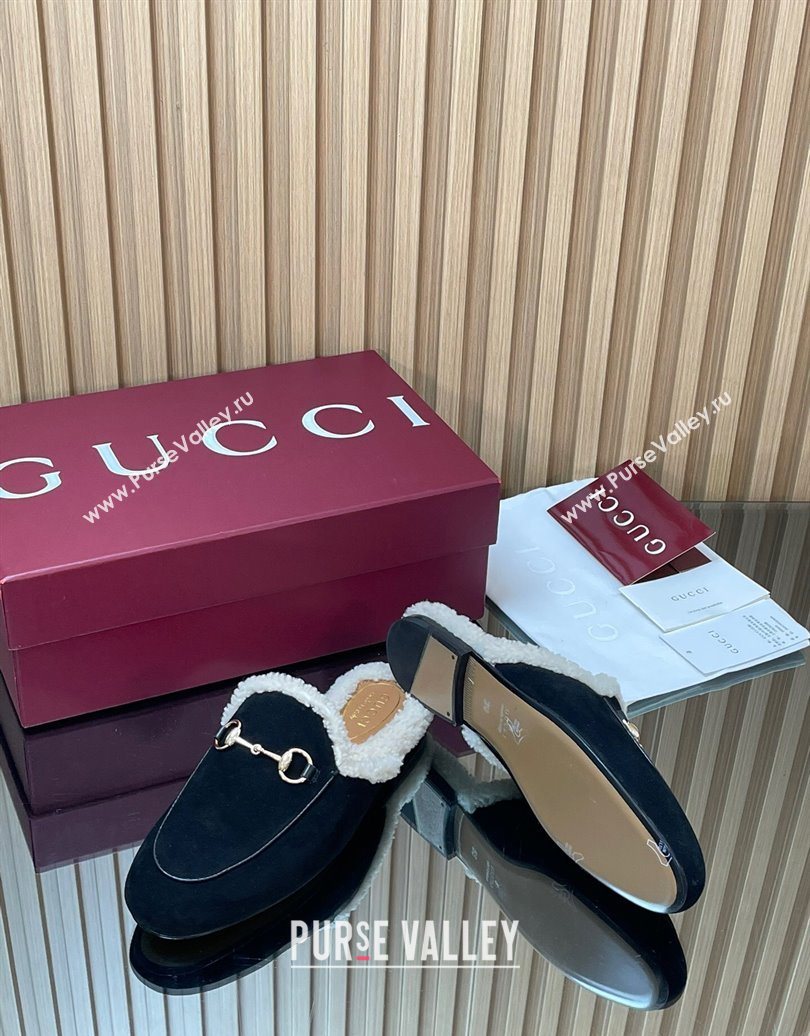Gucci Princetown Suede and Wool Flat Slipper with Horsebit Black 2025 836055 (MD-251020032)