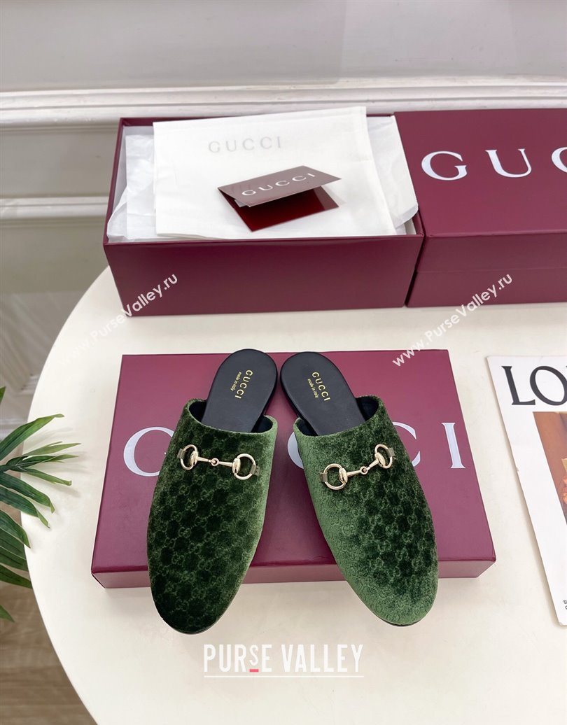 Gucci GG Velvet Flat Mules with Horsebit Green 2025 849565 (MD-251020033)