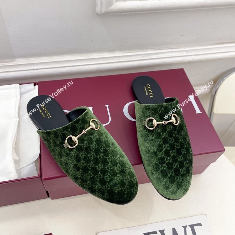 Gucci GG Velvet Flat Mules with Horsebit Green 2025 849565 (MD-251020033)