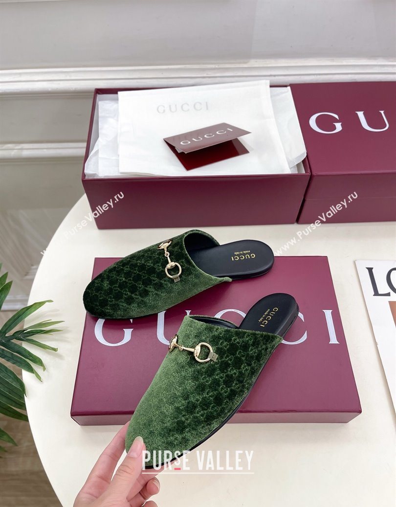 Gucci GG Velvet Flat Mules with Horsebit Green 2025 849565 (MD-251020033)