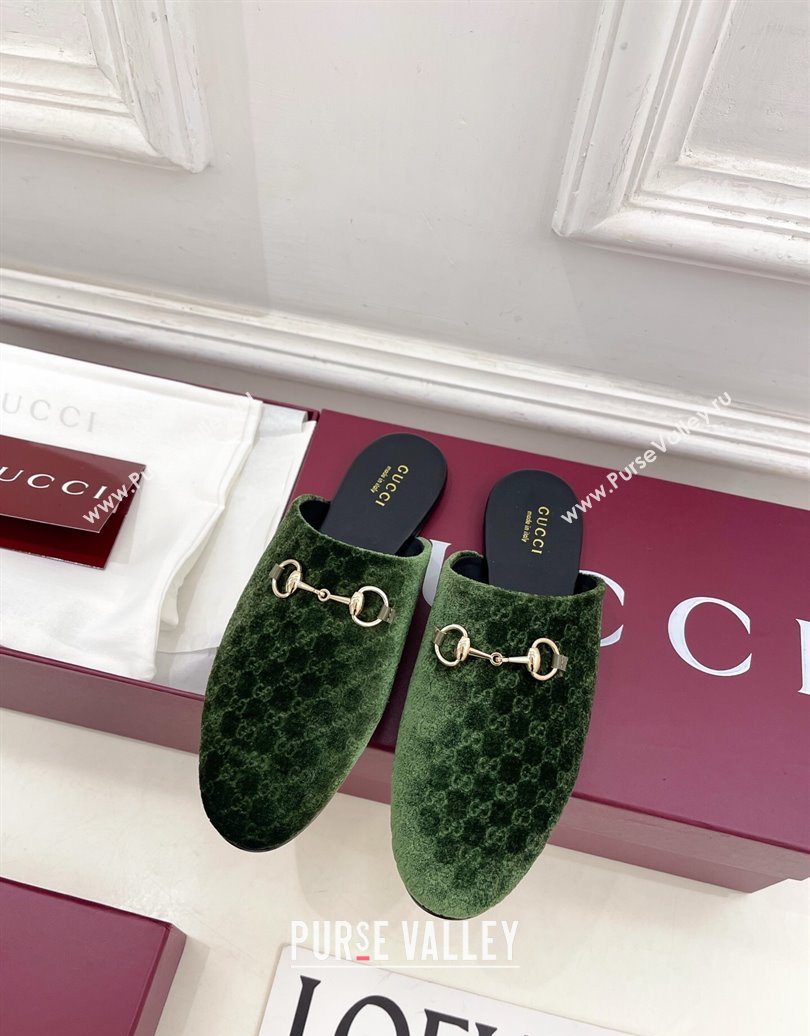 Gucci GG Velvet Flat Mules with Horsebit Green 2025 849565 (MD-251020033)