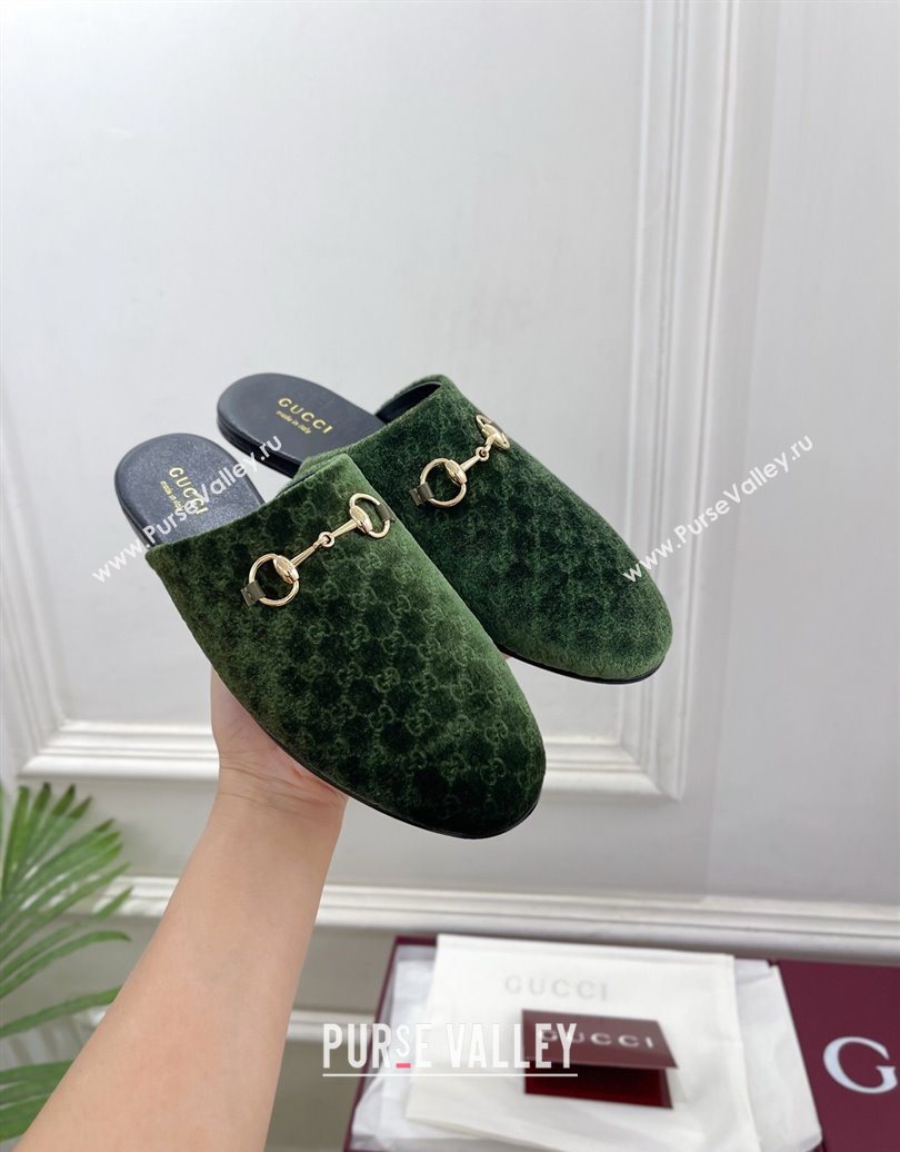 Gucci GG Velvet Flat Mules with Horsebit Green 2025 849565 (MD-251020033)
